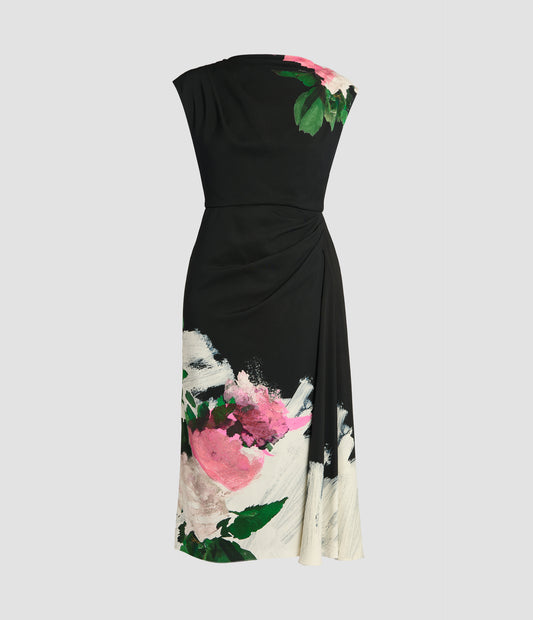 Floral Print Draped Midi Dress