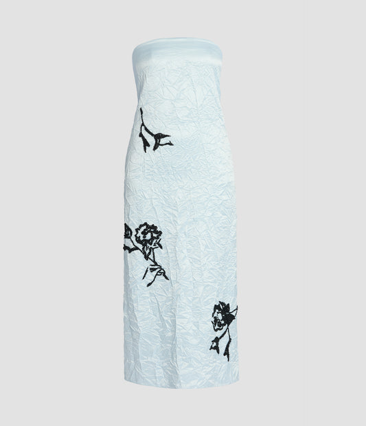 Embellished Crinkle Satin Strapless Midi Dress