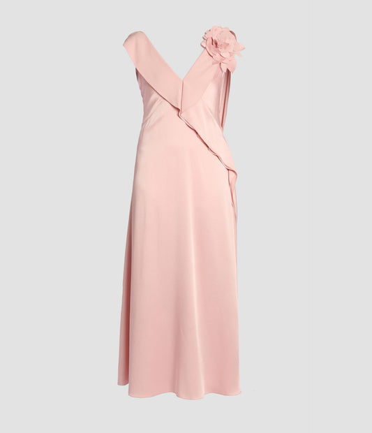 Floral Appliqué Satin Cady Midi Dress