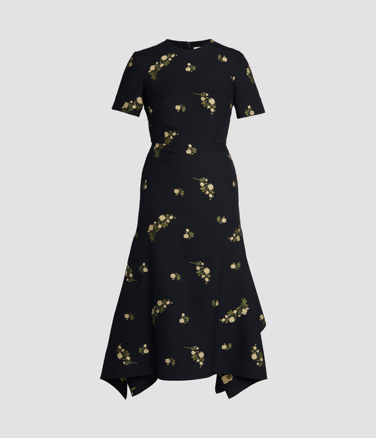 Floral Jacquard Draped Midi Dress