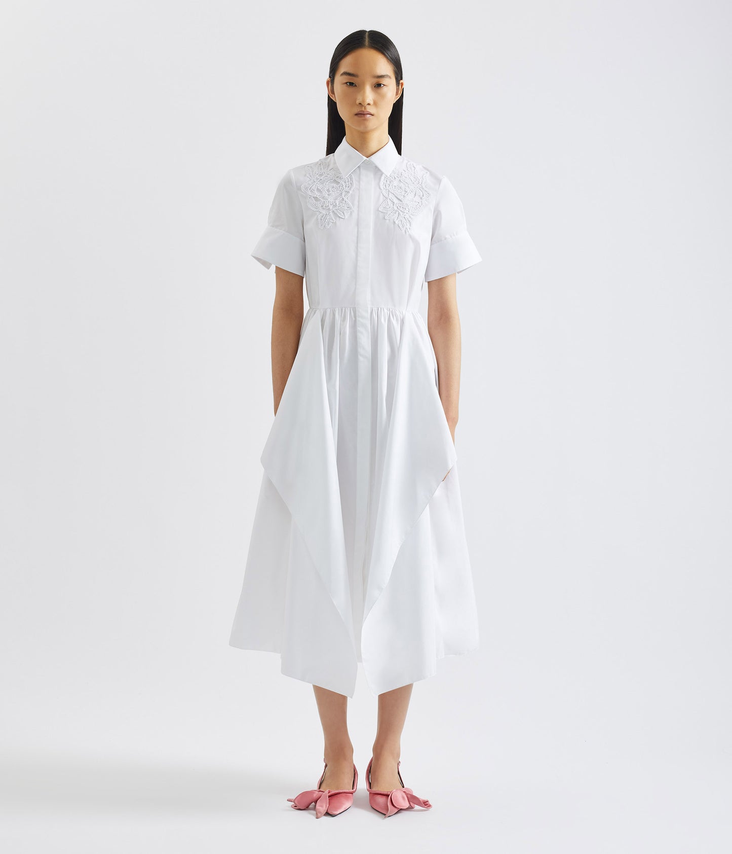 Floral Appliqué Draped Shirt Dress