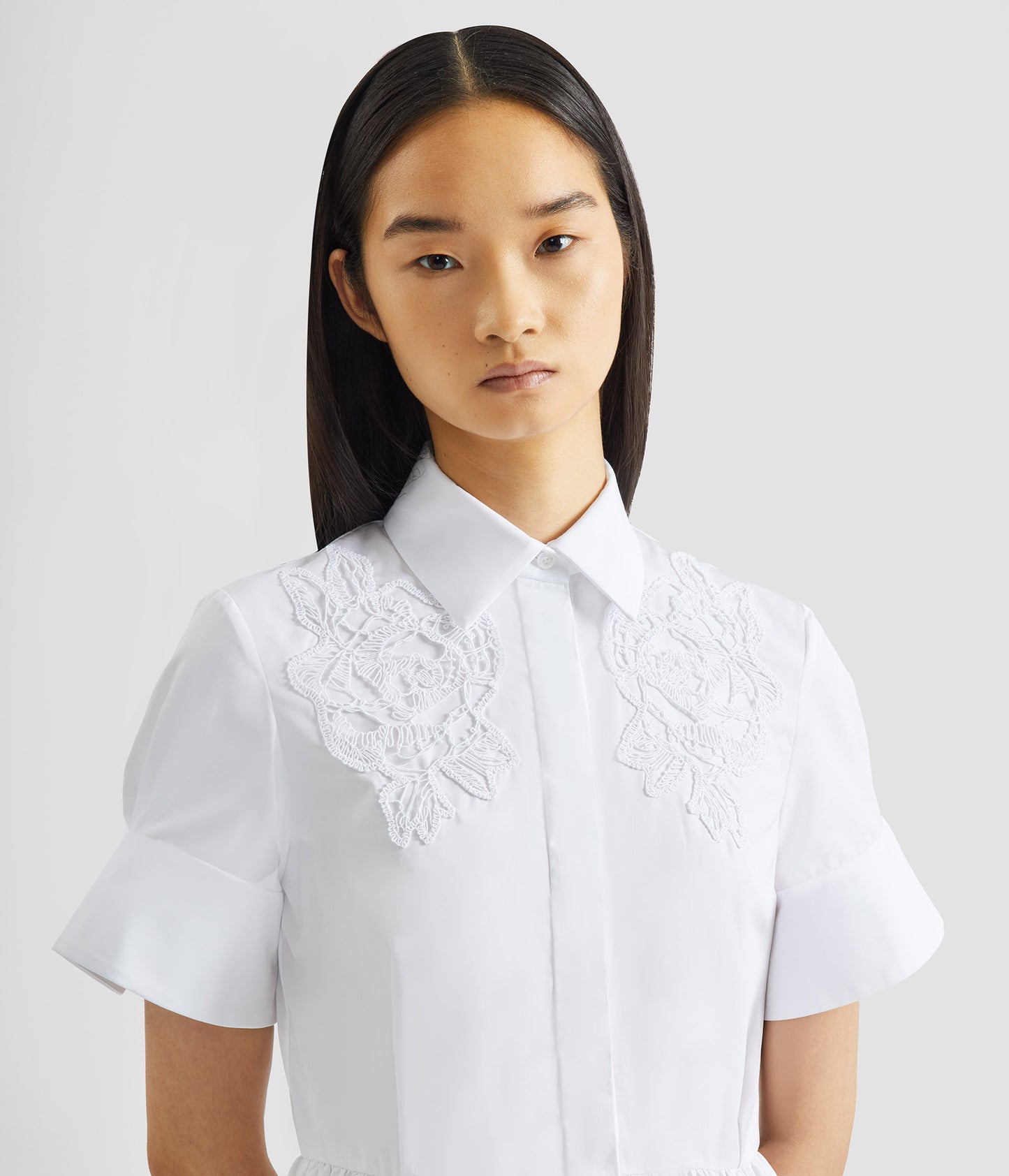 Floral Appliqué Draped Shirt Dress