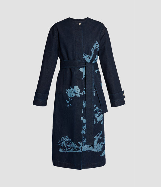 Printed Denim Belted Coat