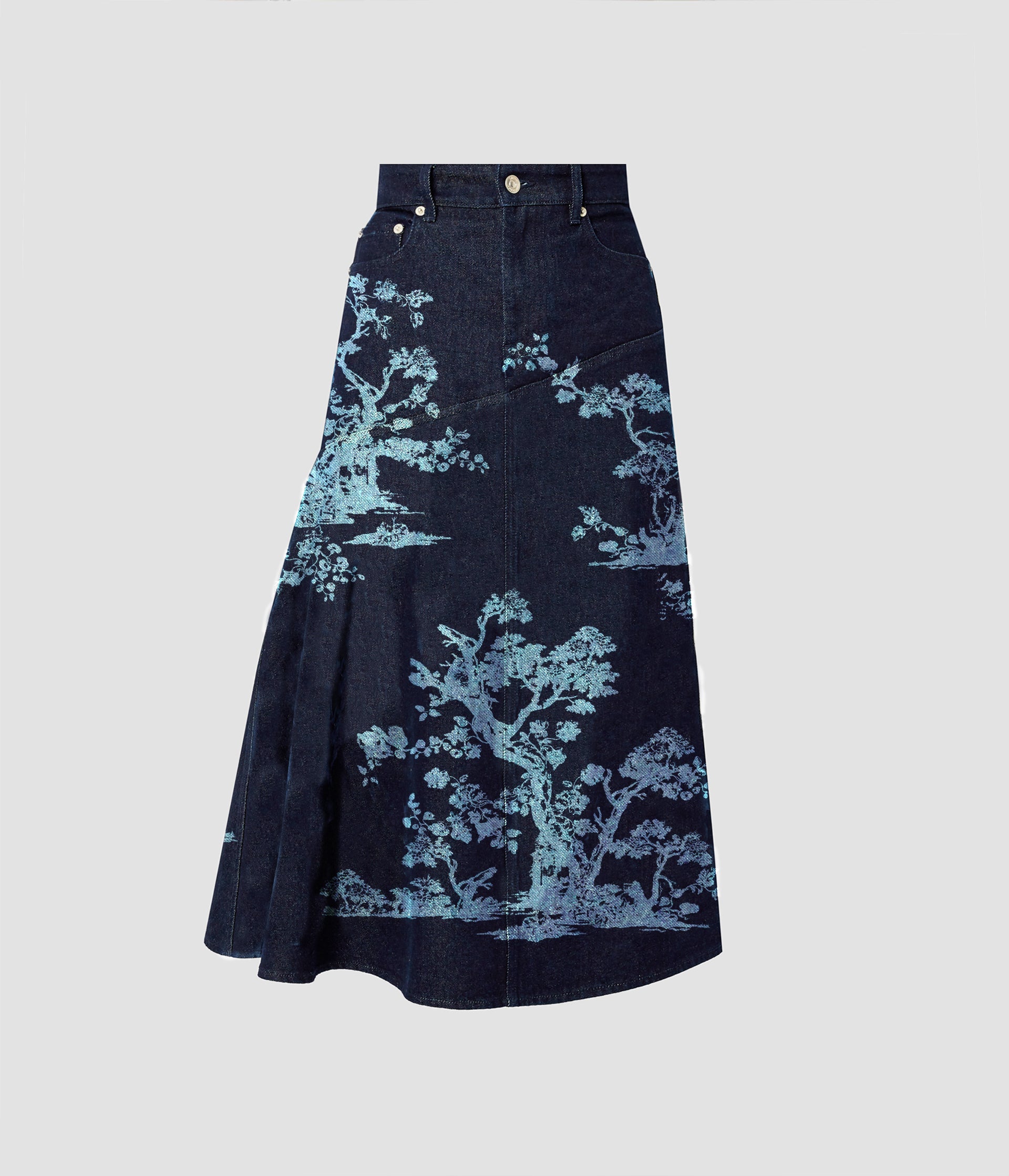 Printed Denim Asymmetric Midi Skirt