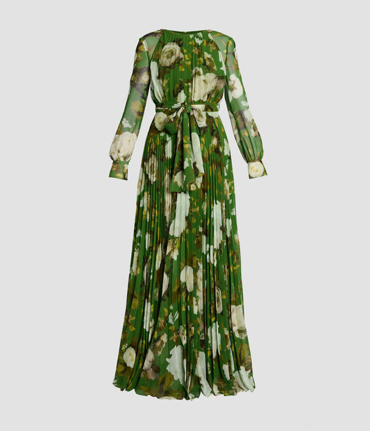 Floral Print Pleated Voile Long Sleeve Gown