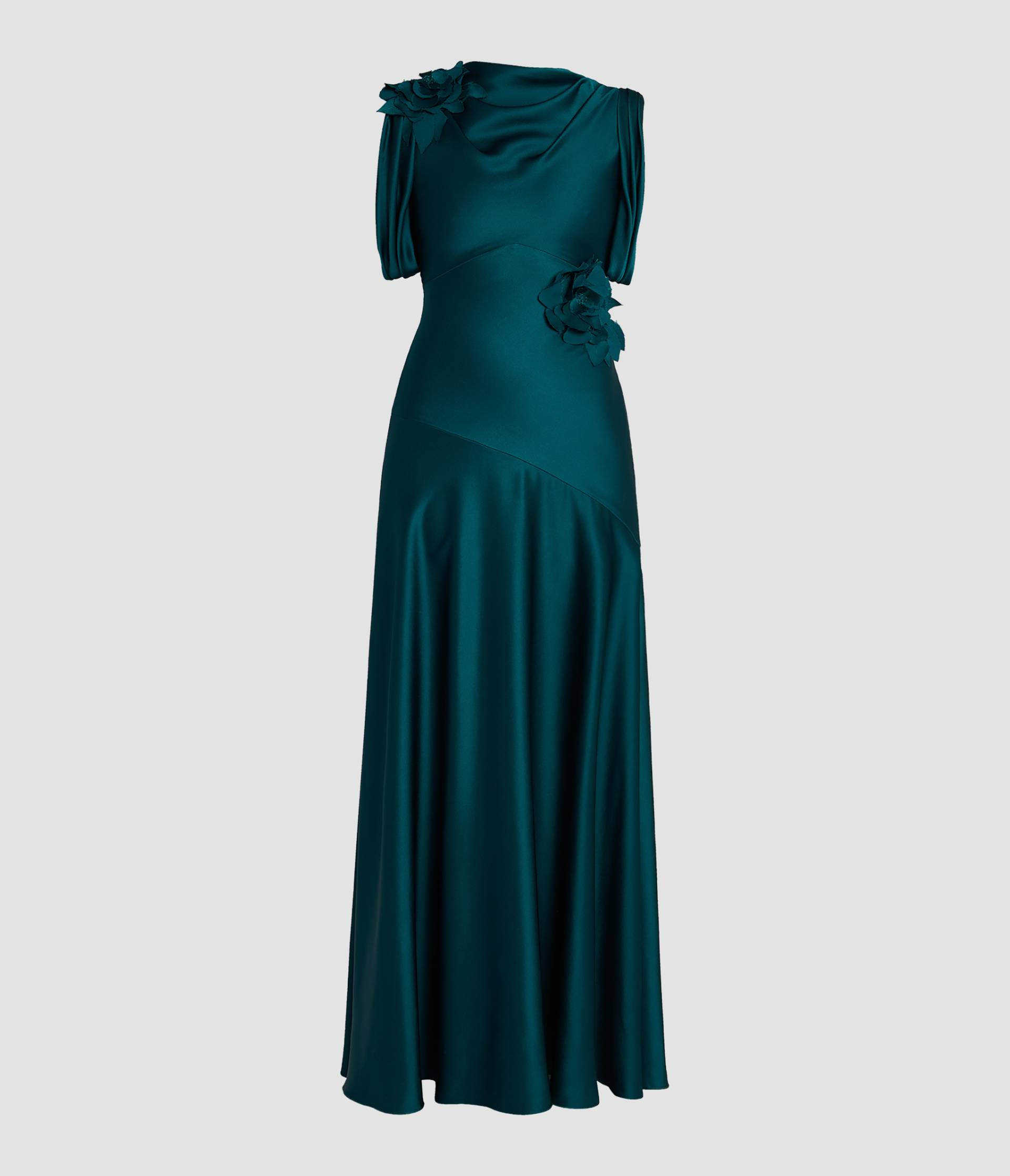 Floral Appliqué Satin Cady Draped Gown