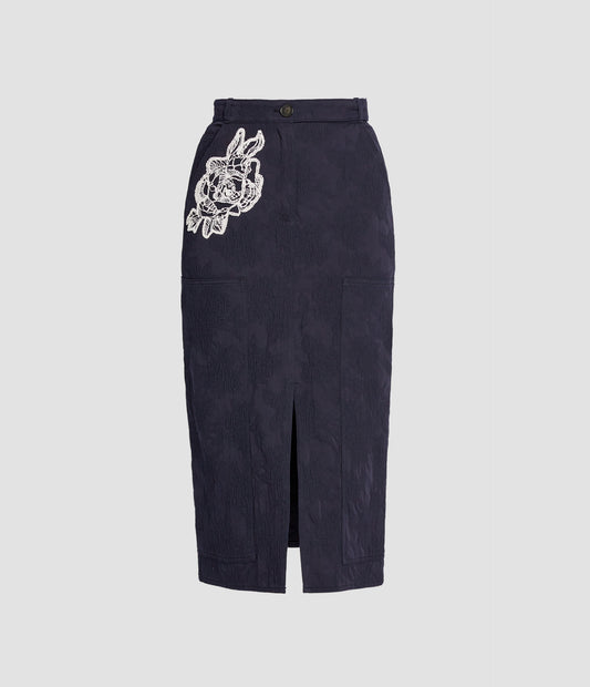 Floral Appliqué Jacquard Pencil Skirt