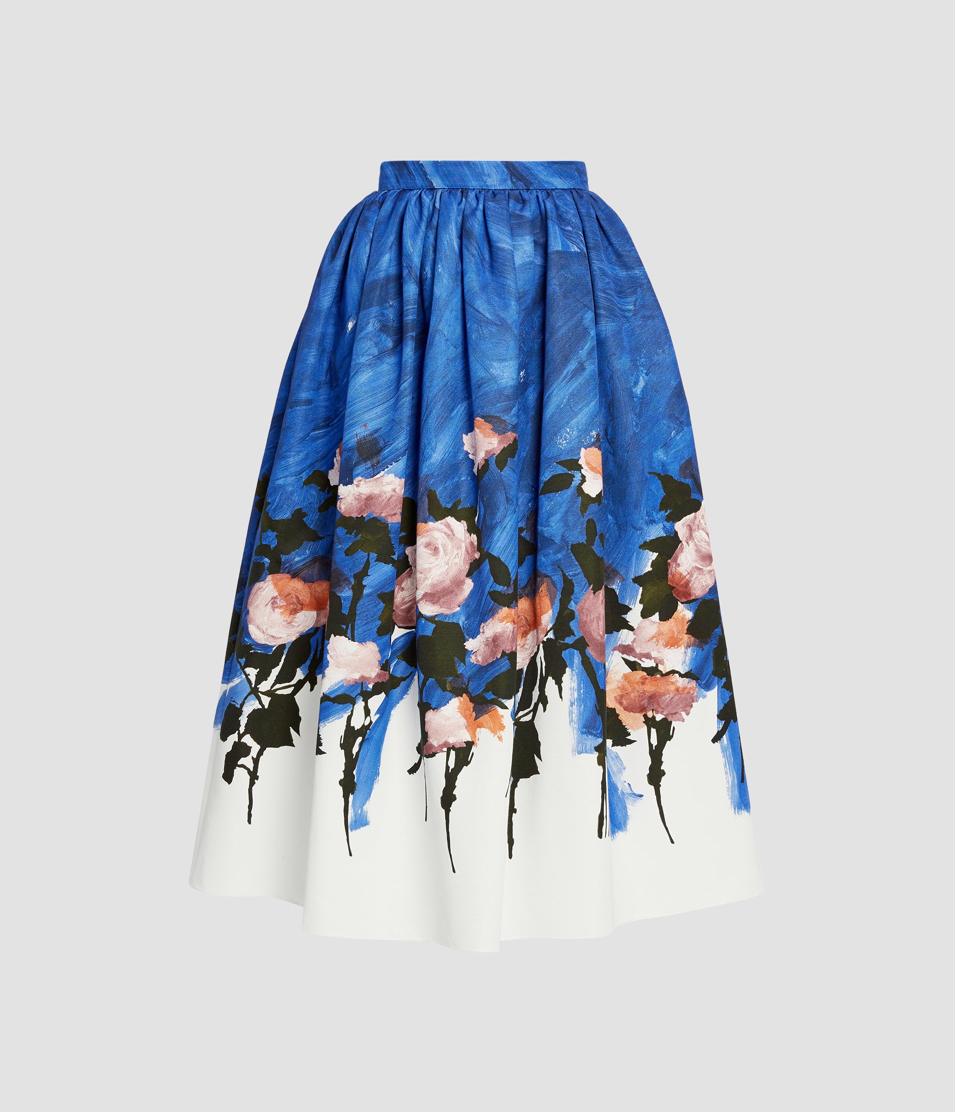 Floral Print Cotton Faille Gathered Midi Skirt