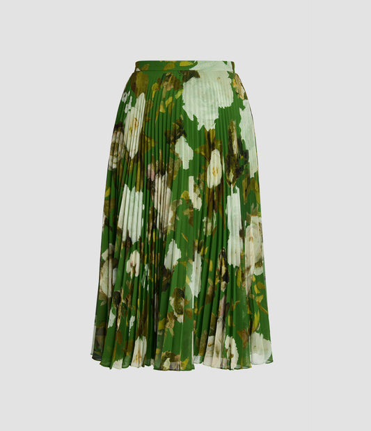 Floral Print Pleated Voile Midi Skirt