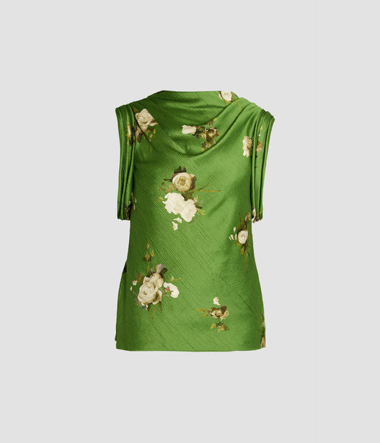 Floral Print Crinkle Satin Draped Top