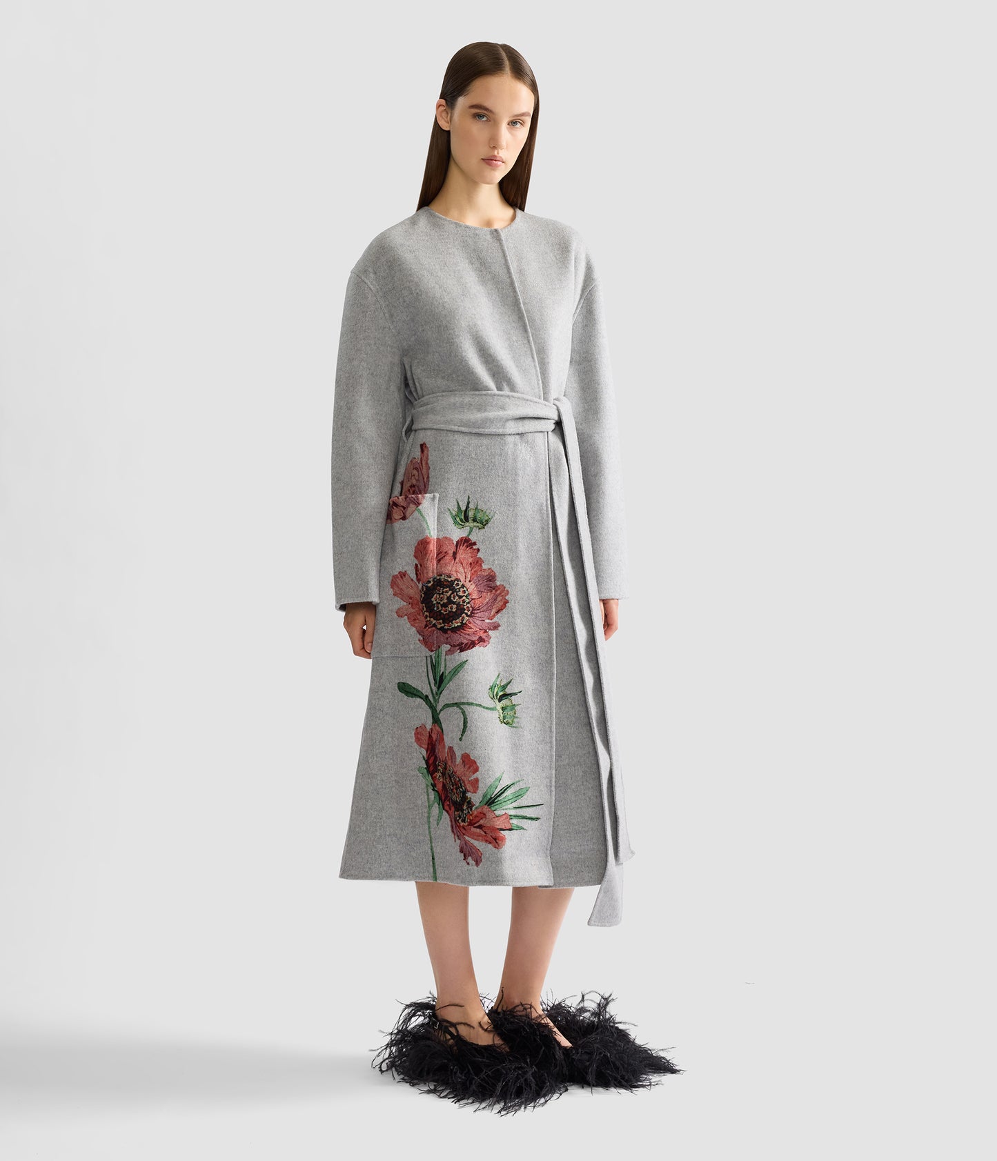 Floral Print Double Face Wool Belted Coat