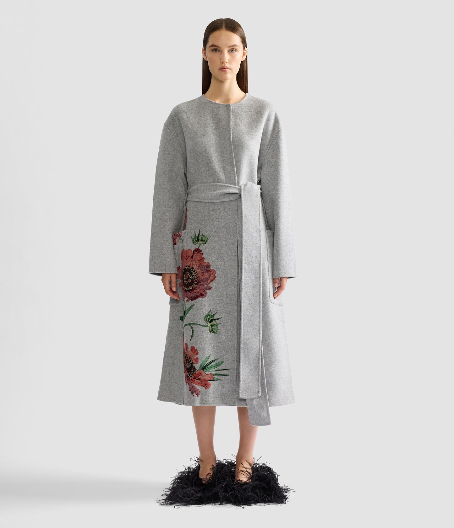 Floral Print Double Face Wool Belted Coat