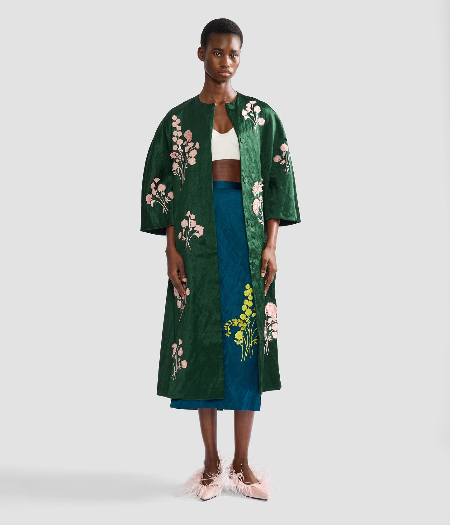 Embroidered Textured Satin Coat