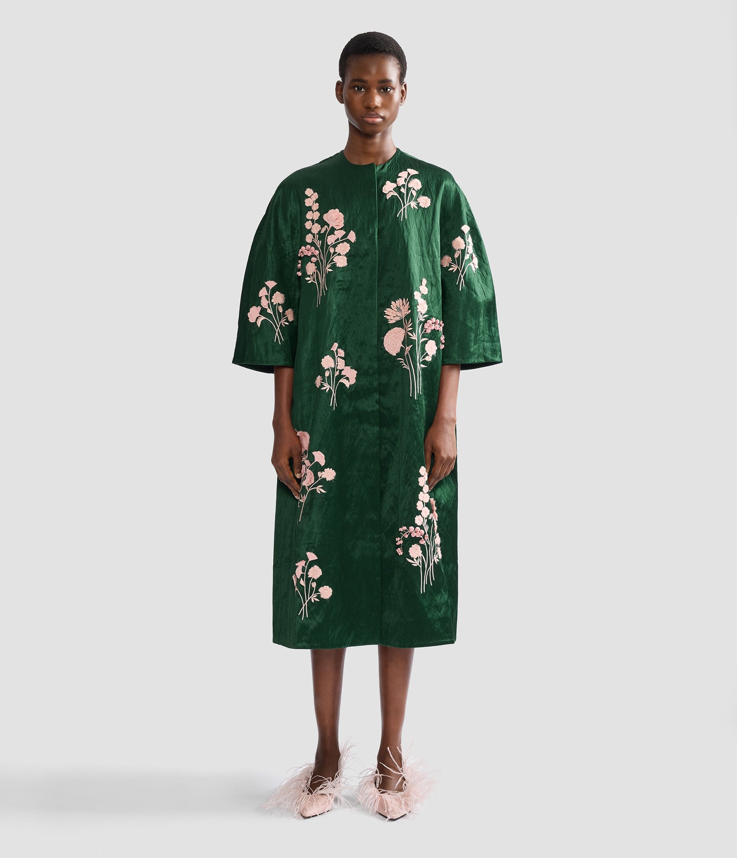Embroidered Textured Satin Coat
