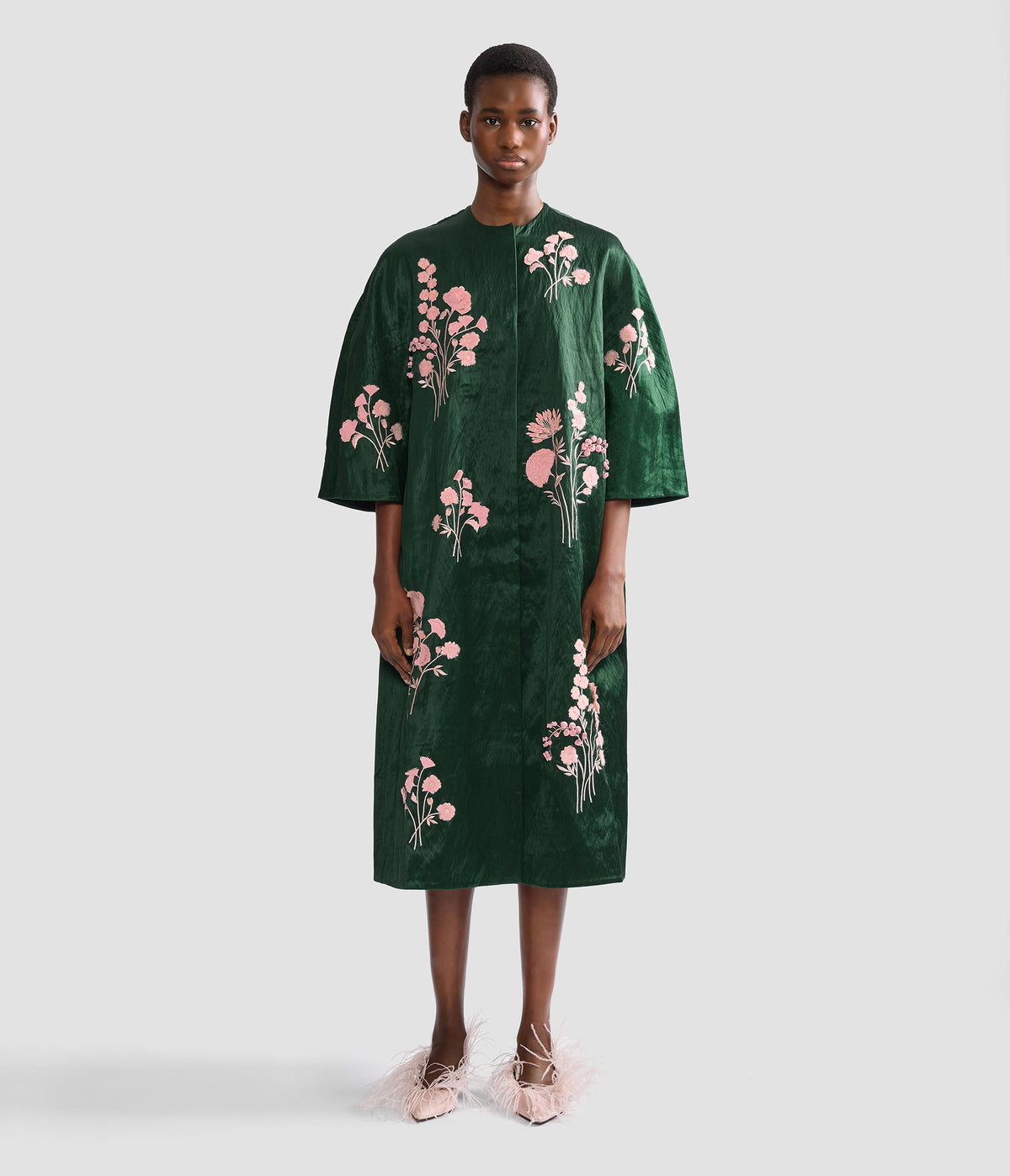 Embroidered Textured Satin Coat