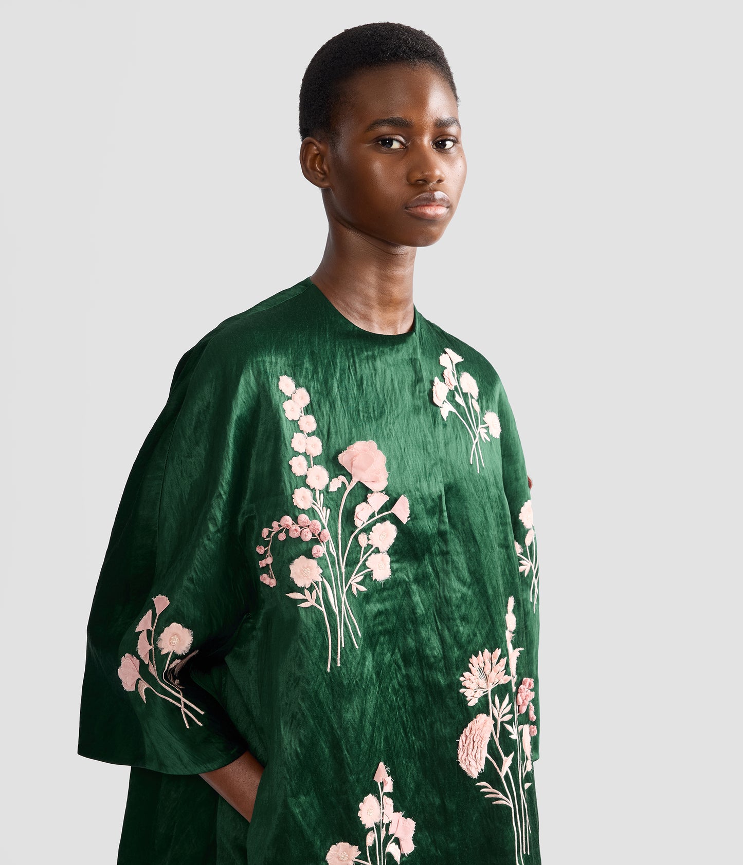 Embroidered Textured Satin Coat