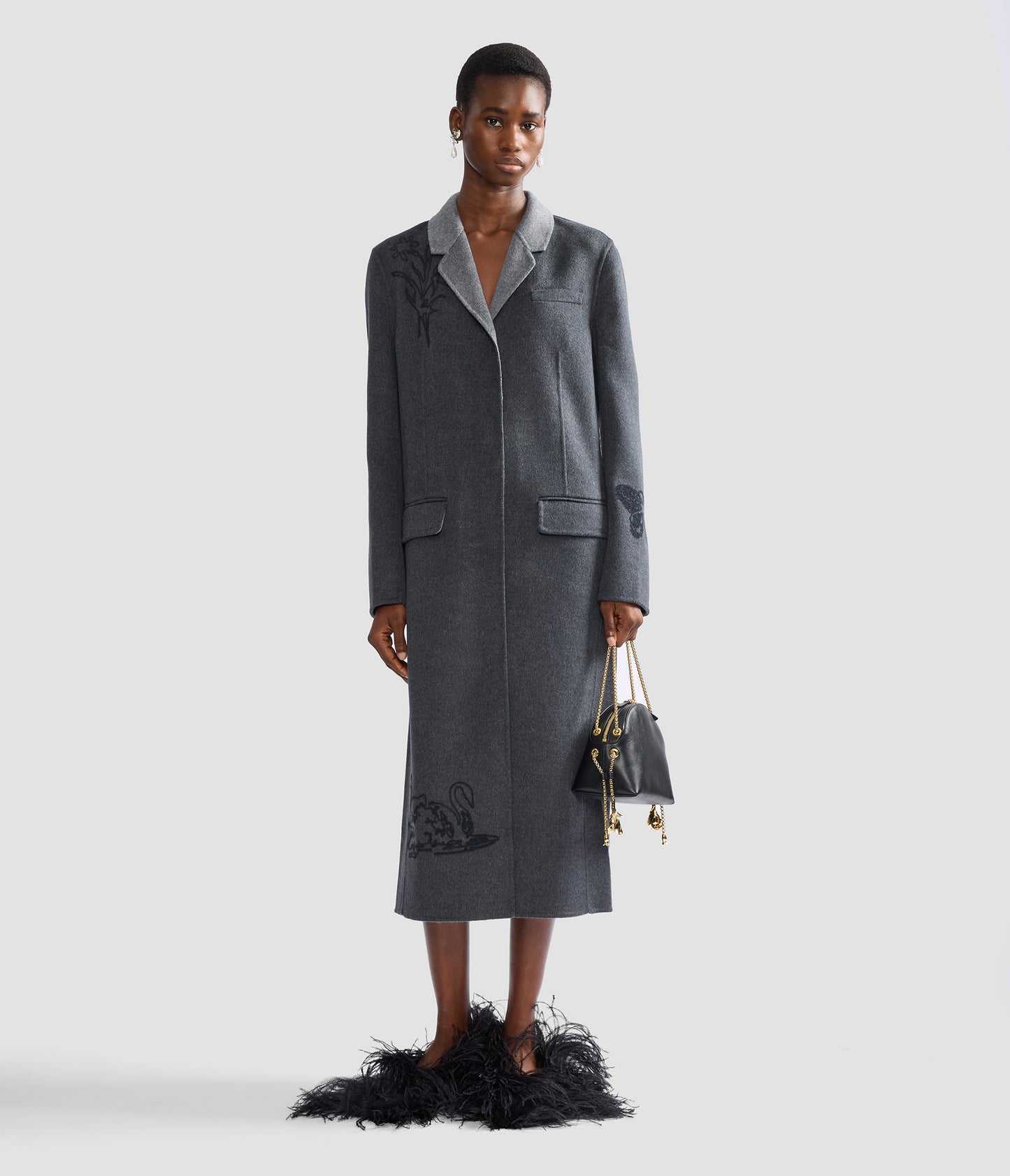 Embroidered Double Face Wool Tailored Coat