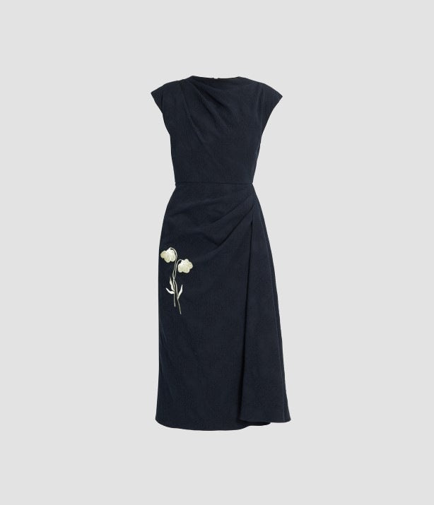 Flower Jacquard Draped Midi Dress