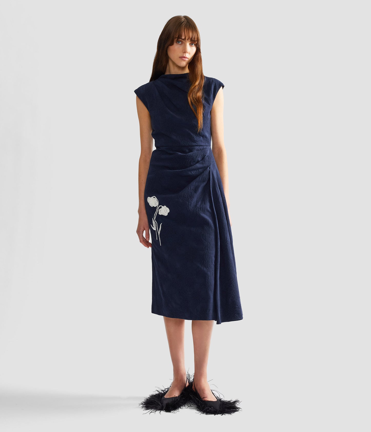 Flower Jacquard Draped Midi Dress