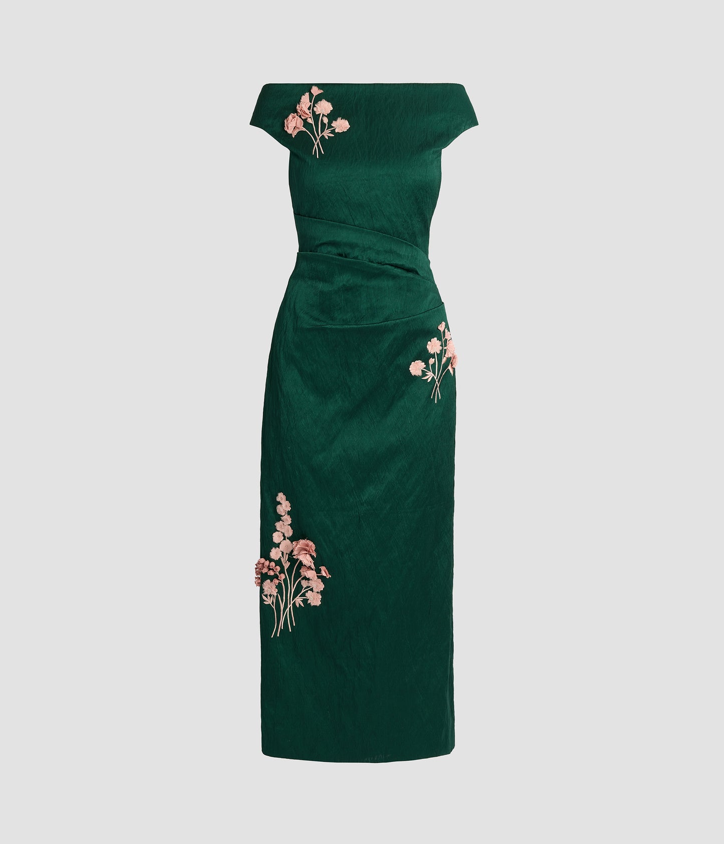 Embroidered Textured Satin Midi Pencil Dress