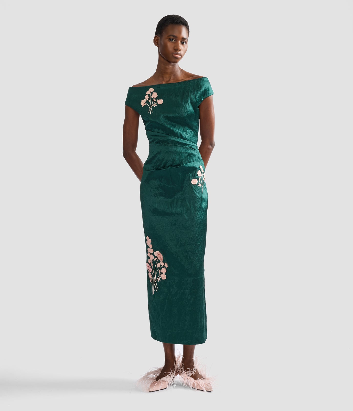 Embroidered Textured Satin Midi Pencil Dress