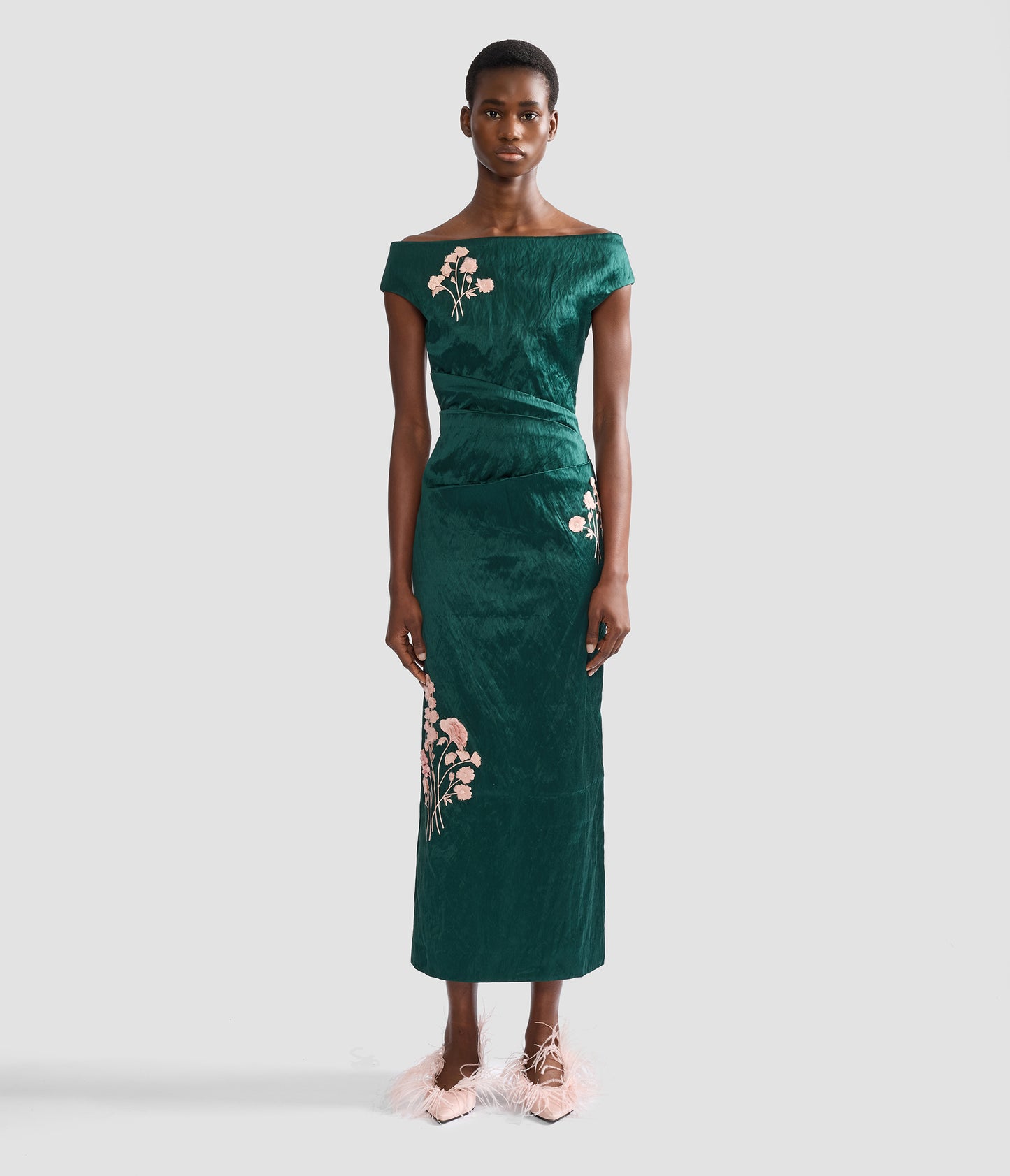Embroidered Textured Satin Midi Pencil Dress