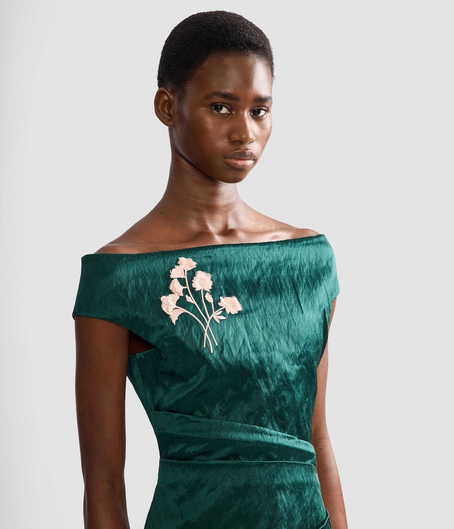 Embroidered Textured Satin Midi Pencil Dress
