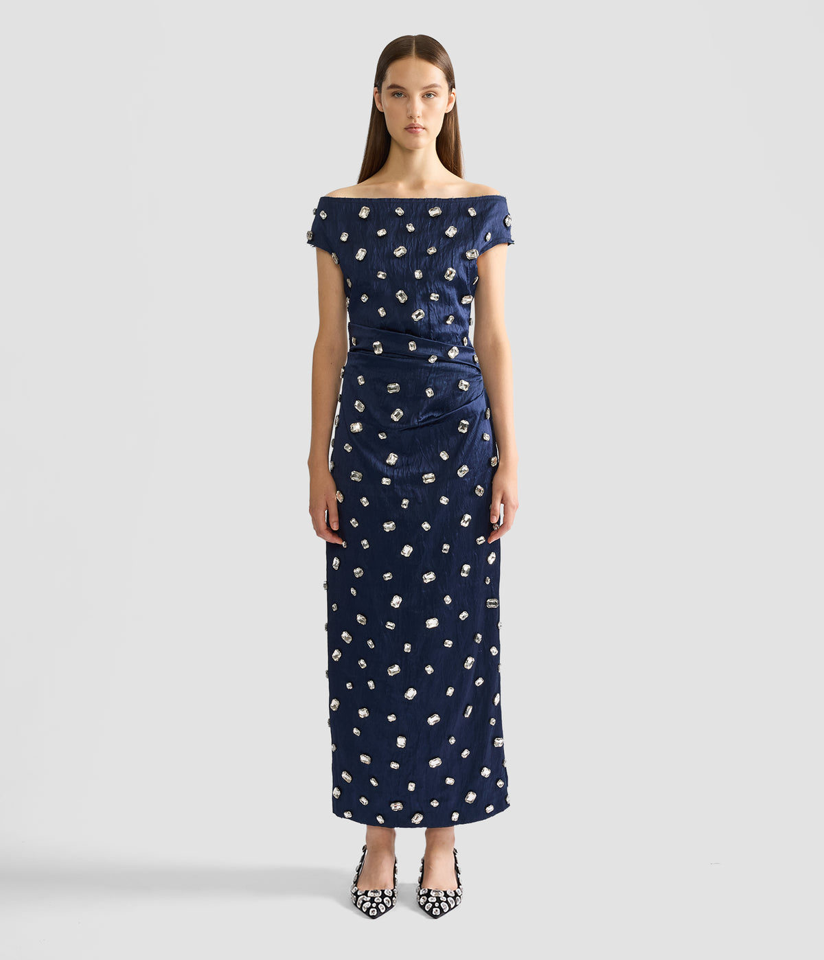 Embroidered Textured Satin Midi Pencil Dress