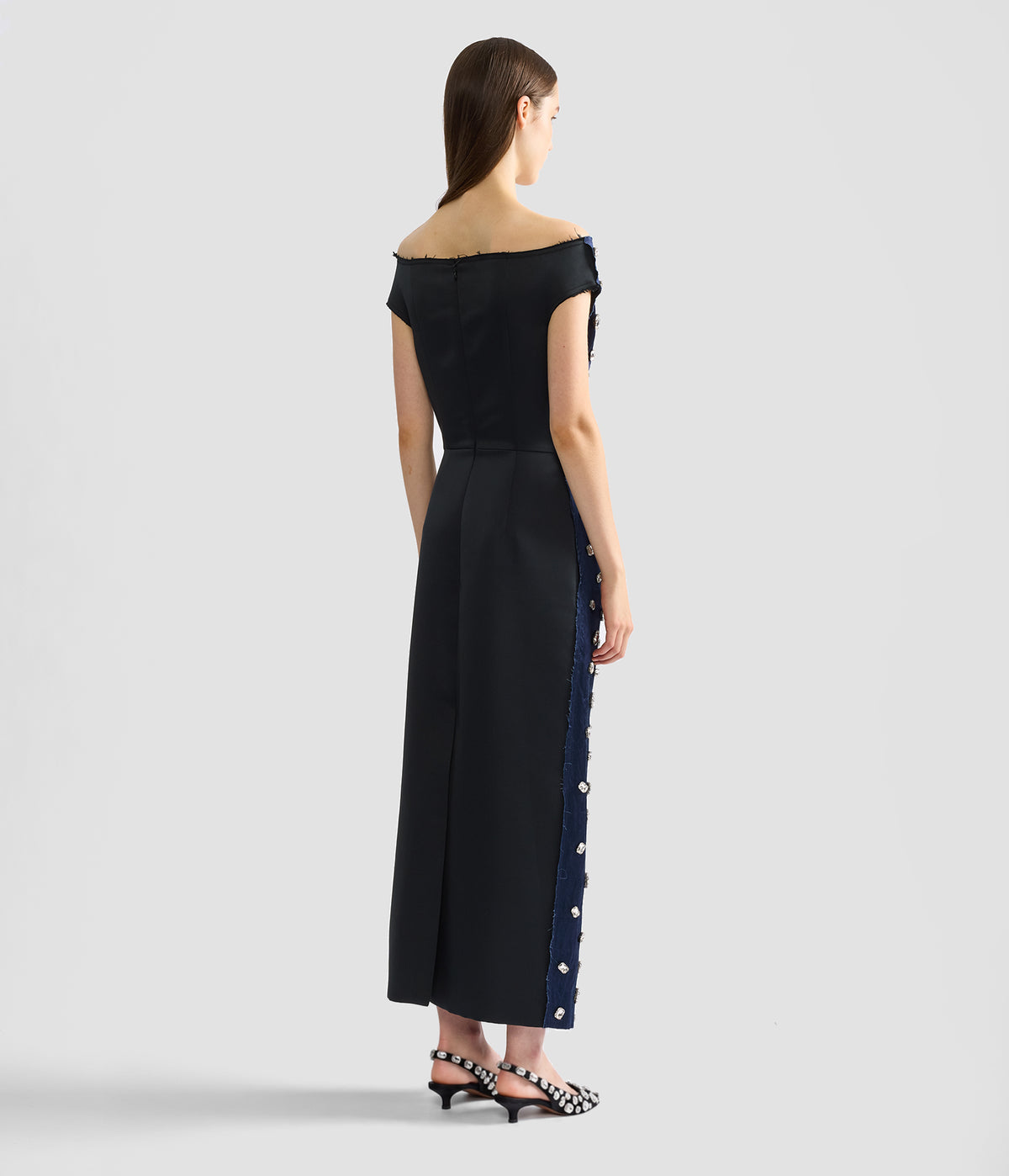 Embroidered Textured Satin Midi Pencil Dress
