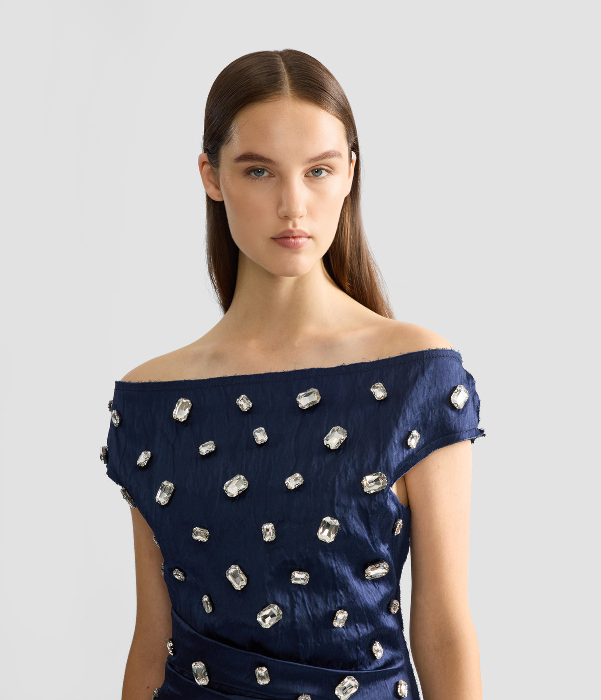 Embroidered Textured Satin Midi Pencil Dress