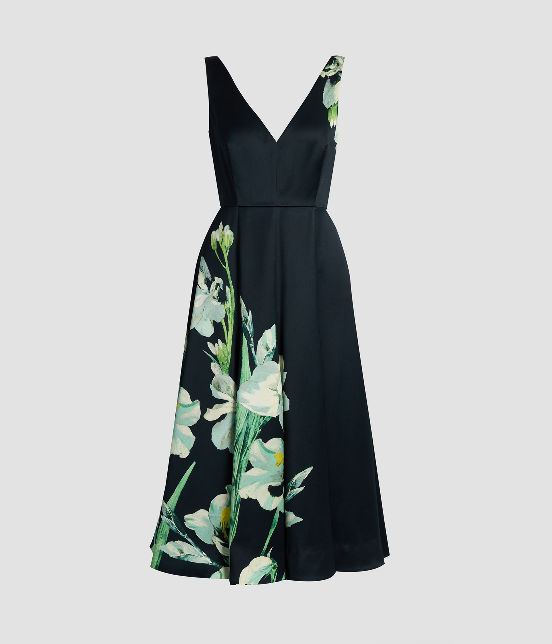 Floral Duchess Sleeveless V Neck Midi Dress