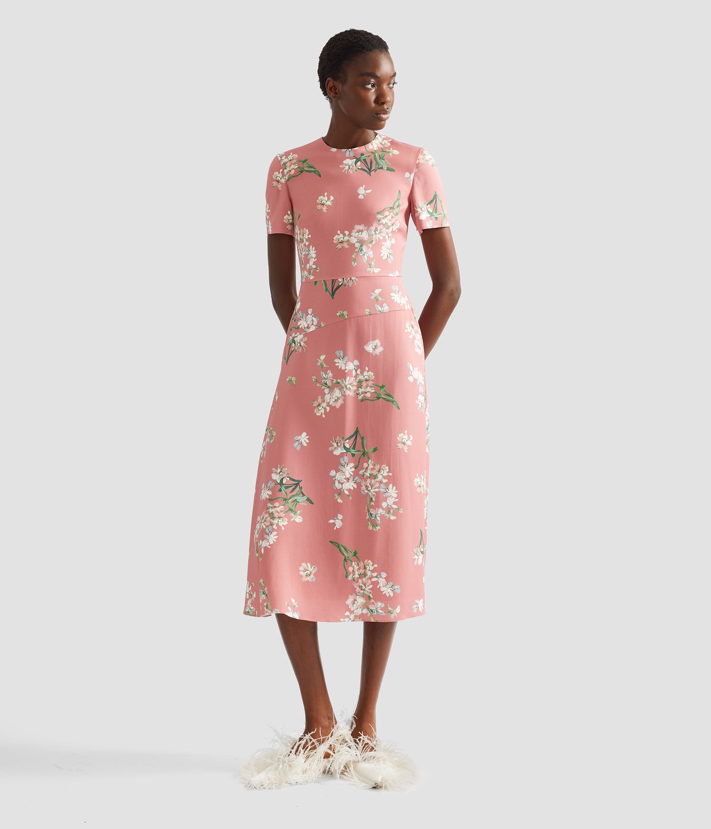 Floral Stretch Cady Draped Midi Dress