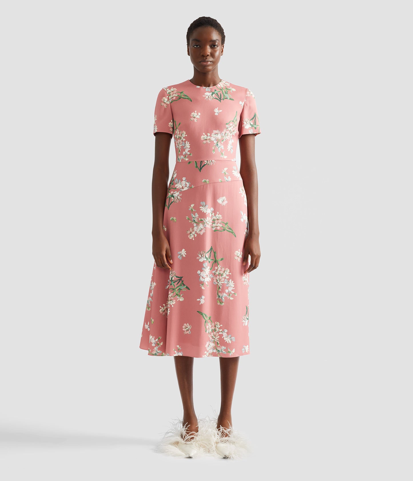 Floral Stretch Cady Draped Midi Dress
