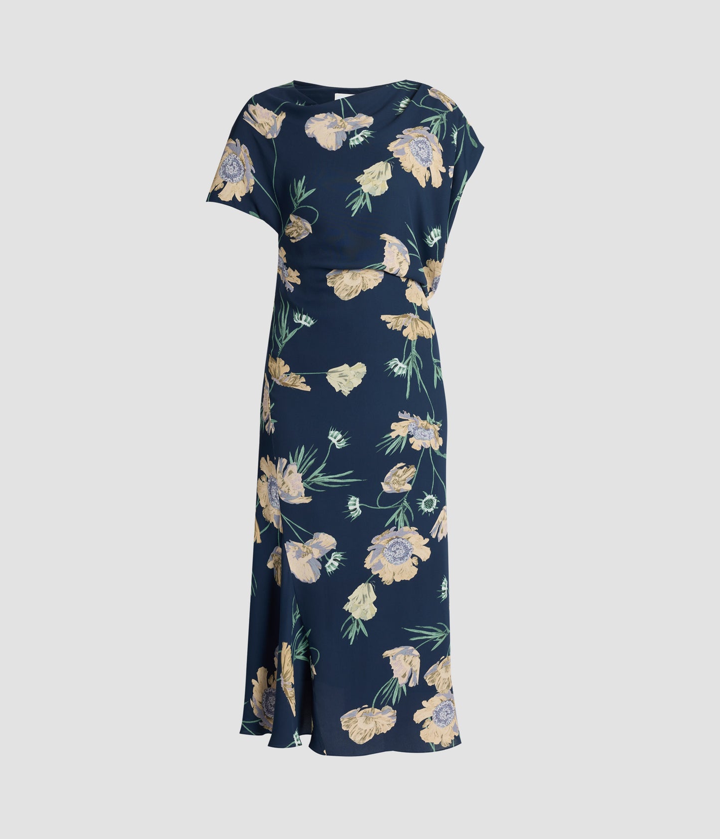 Floral Crepe Asymmetric Midi Dress