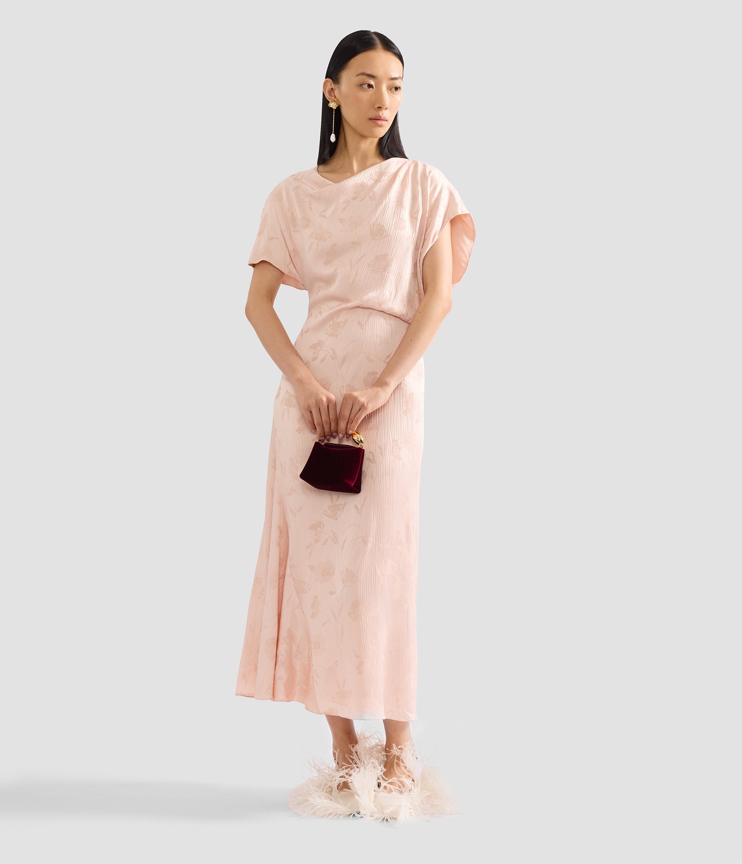 Floral Creponne Jacquard Short Sleeve Midi Dress