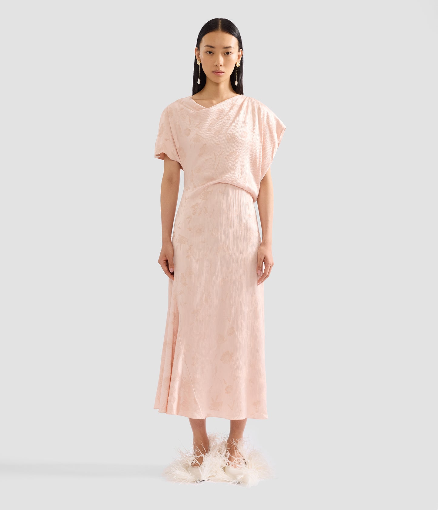 Floral Creponne Jacquard Short Sleeve Midi Dress