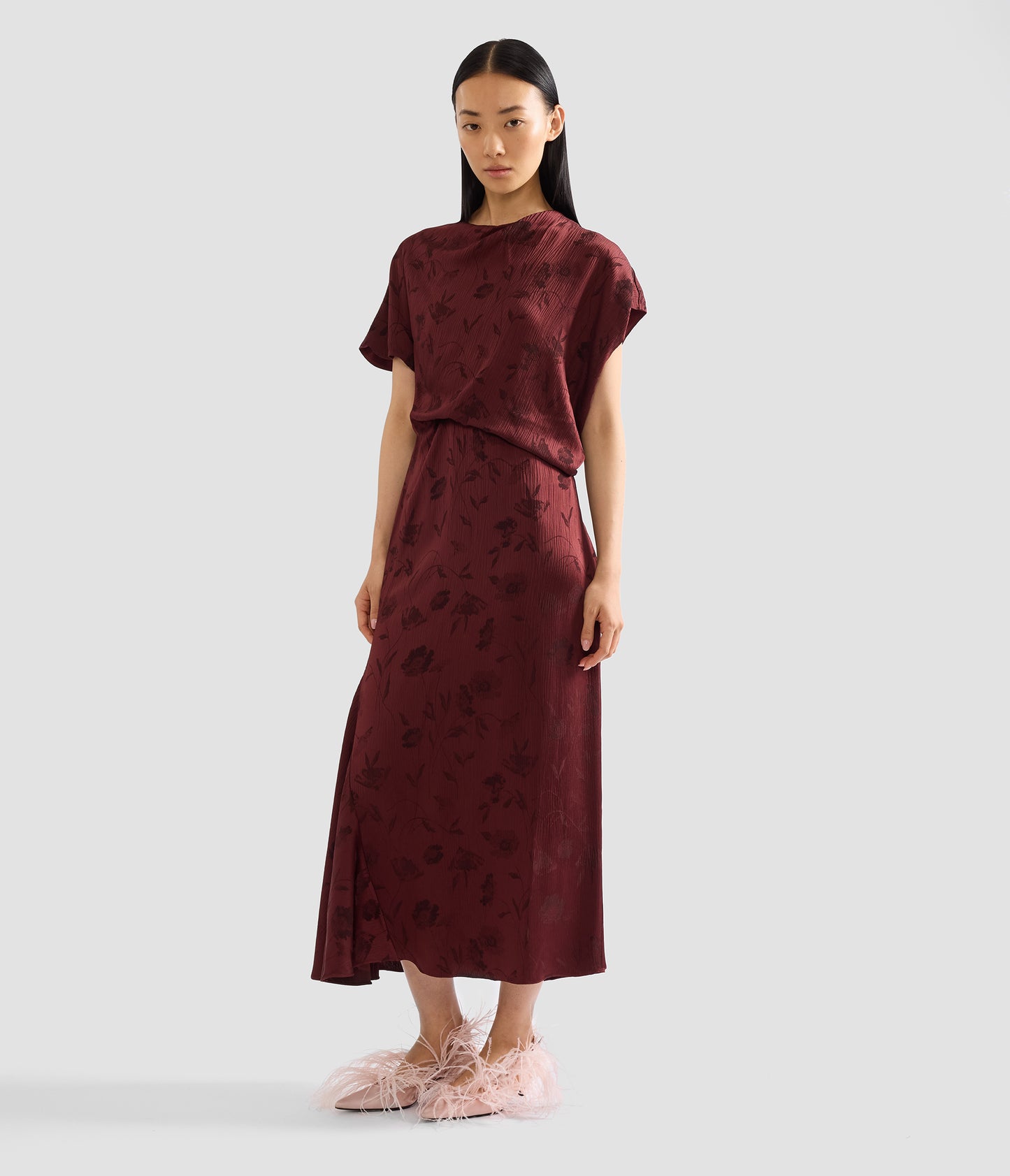 Floral Creponne Jacquard Short Sleeve Midi Dress