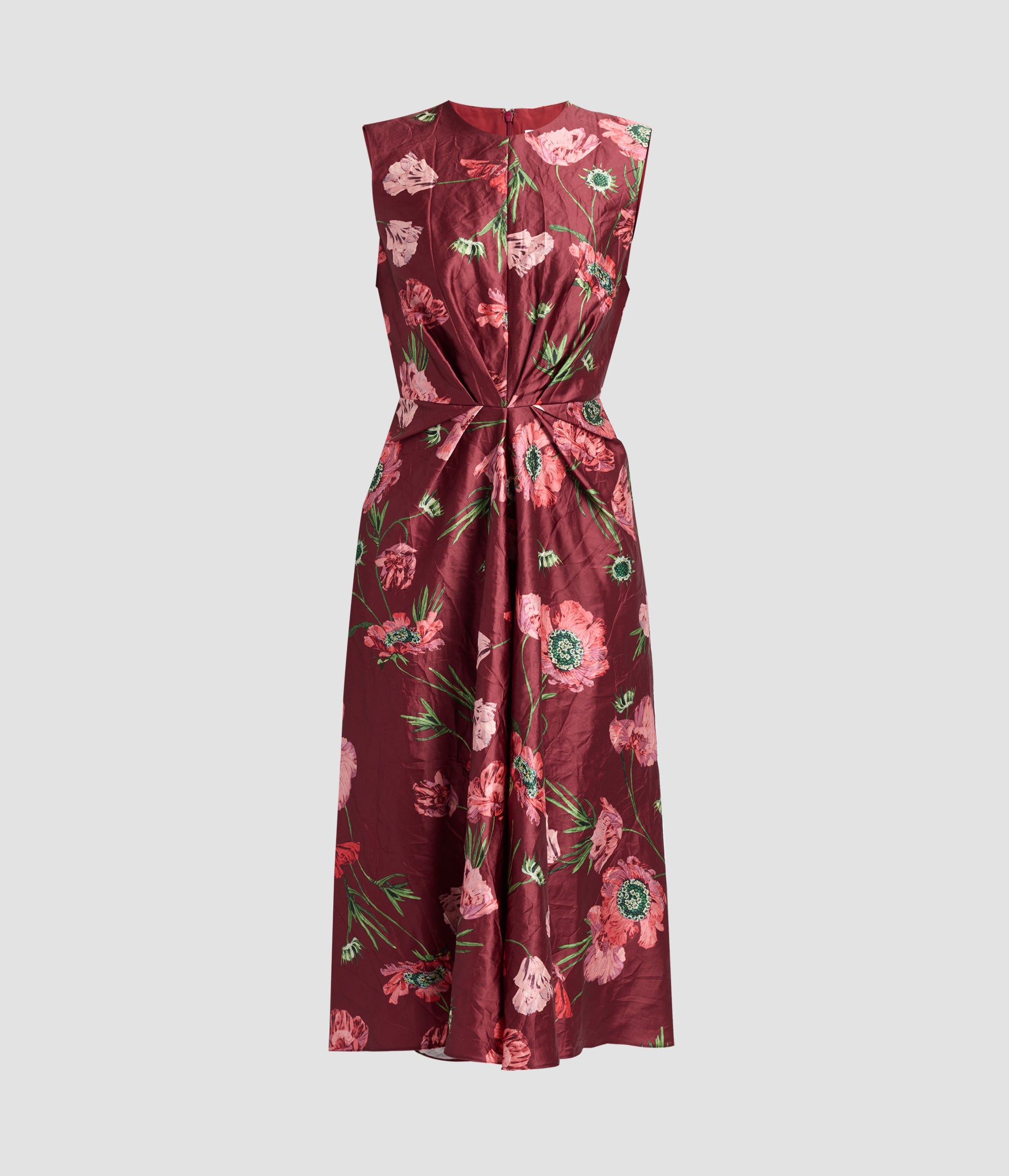 Floral Textured Satin Sleeveless Midi Dress