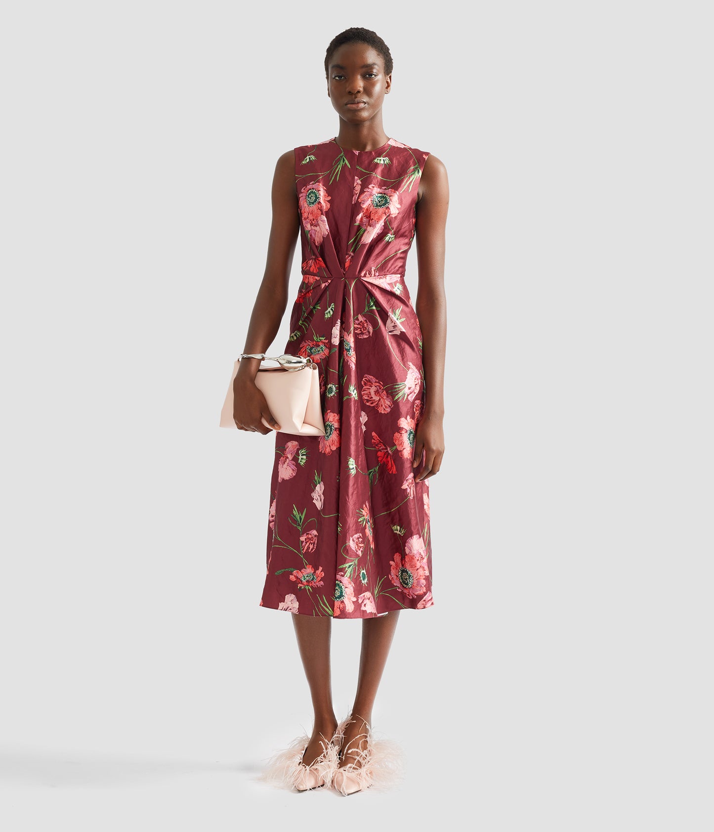 Floral Textured Satin Sleeveless Midi Dress