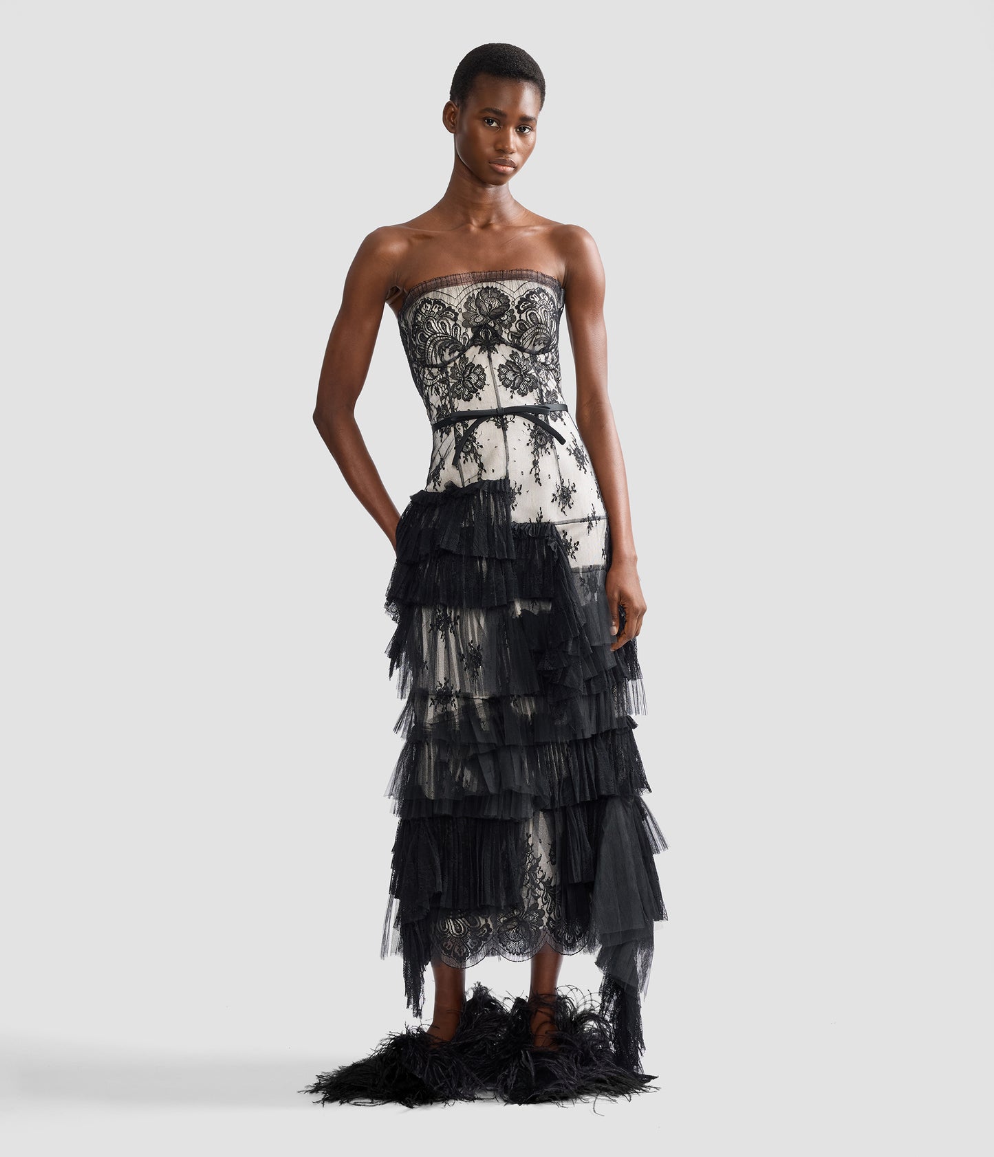 Pleated Lace Bustier Midi Dress
