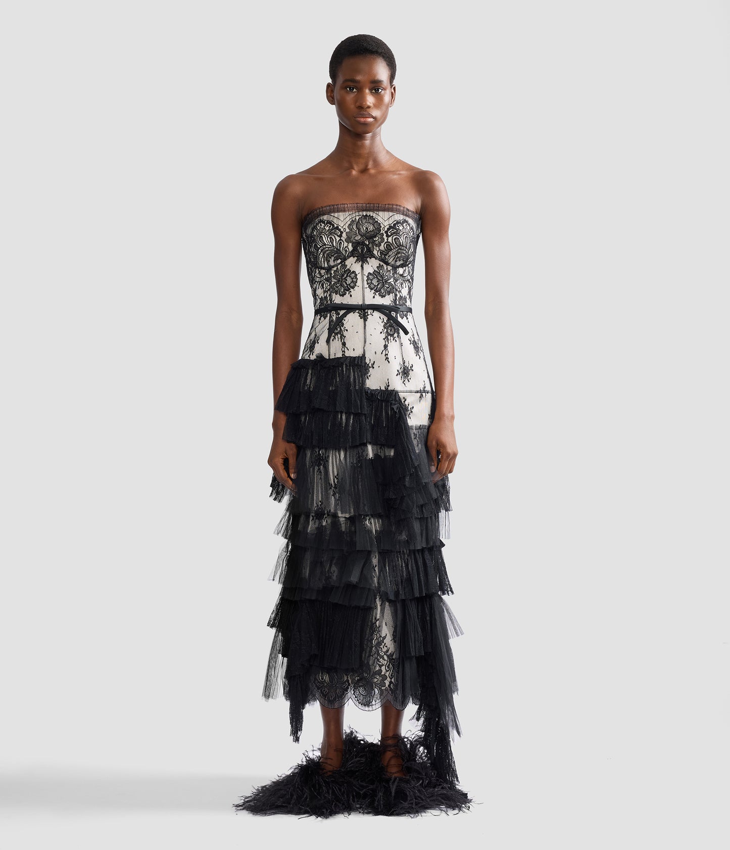 Pleated Lace Bustier Midi Dress