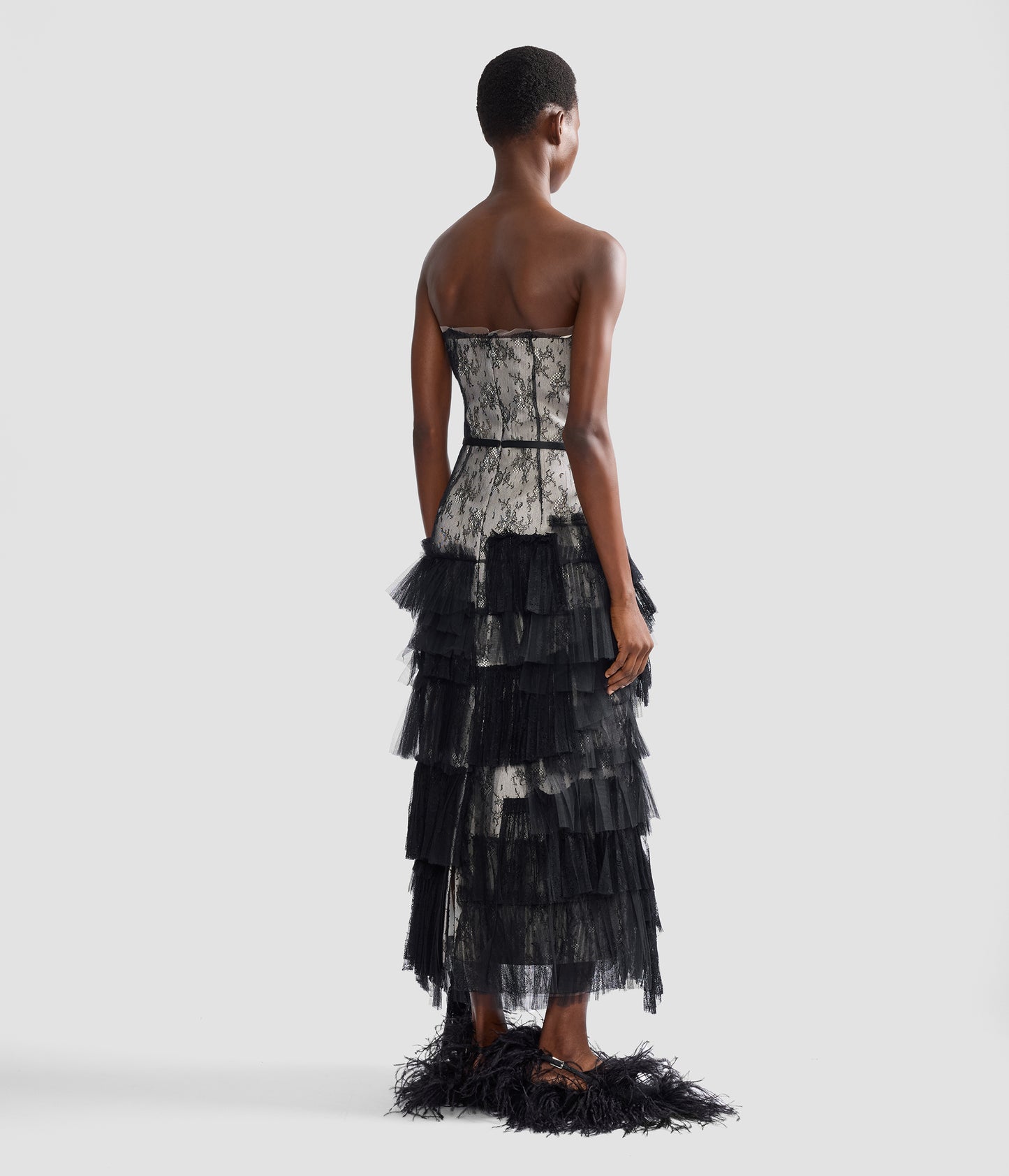 Pleated Lace Bustier Midi Dress