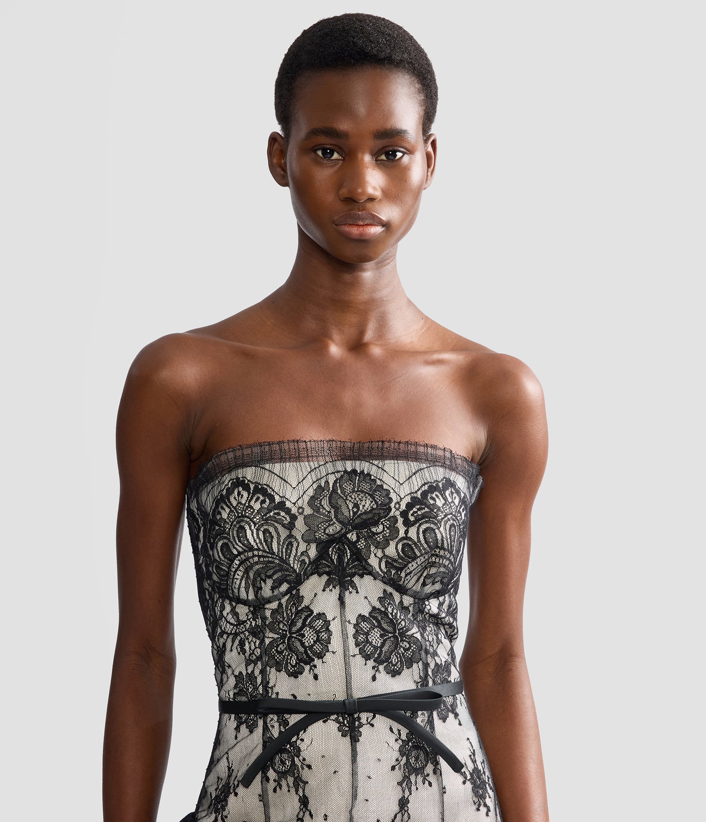 Pleated Lace Bustier Midi Dress