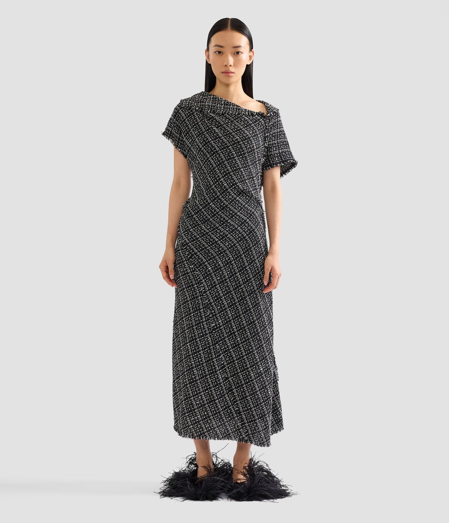 Tweed Asymmetric Midi Dress
