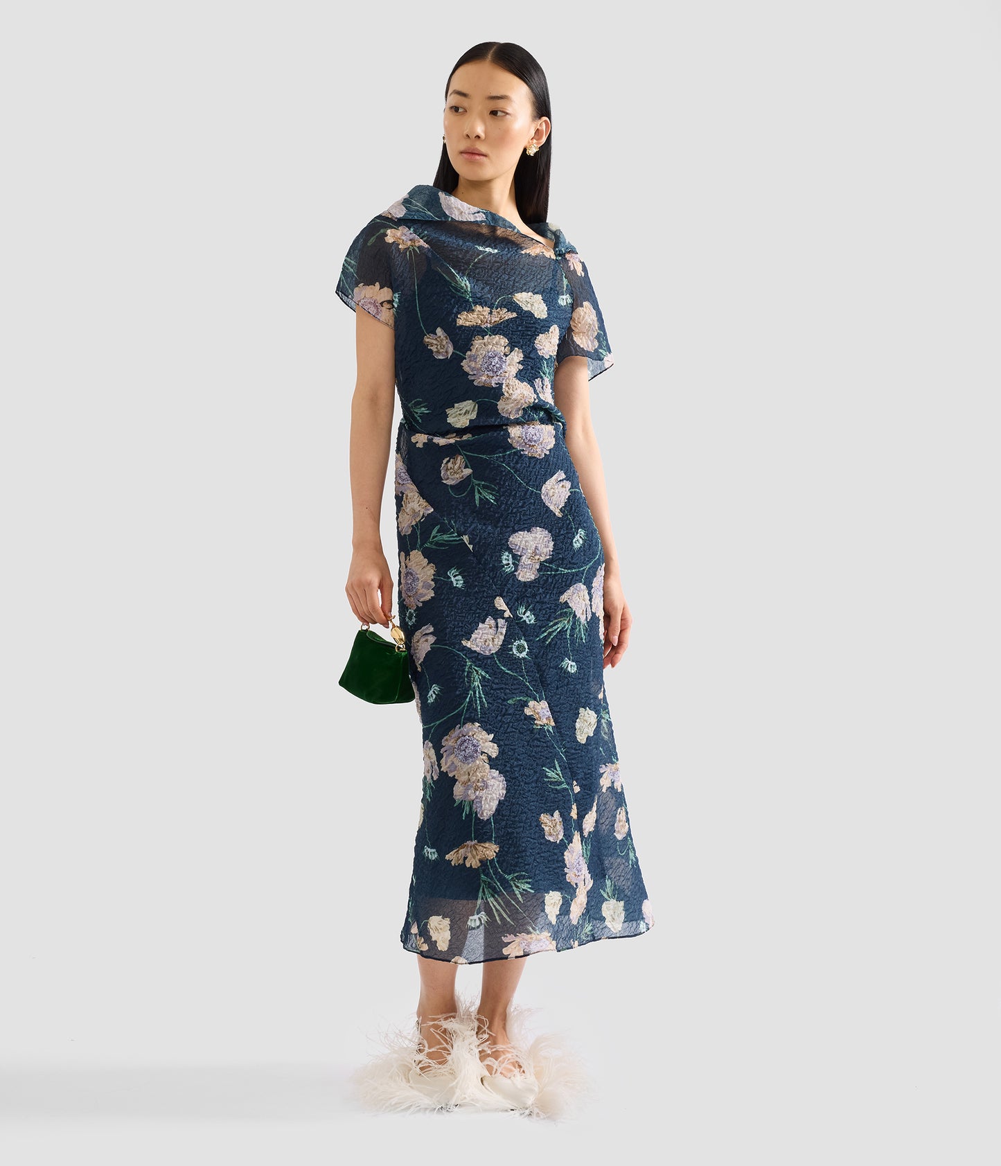 Floral Organza Cloque Asymmetric Midi Dress