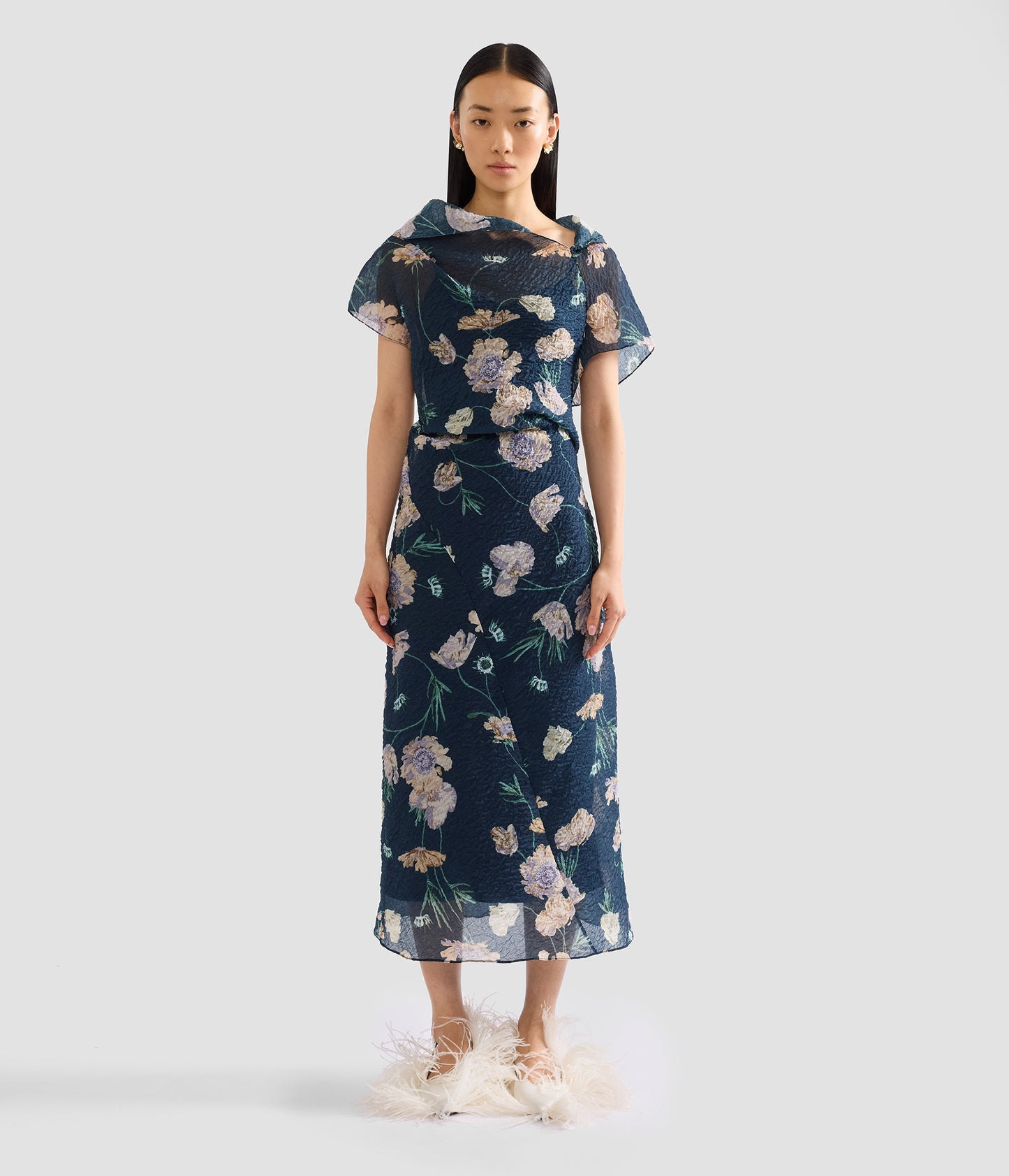 Floral Organza Cloque Asymmetric Midi Dress