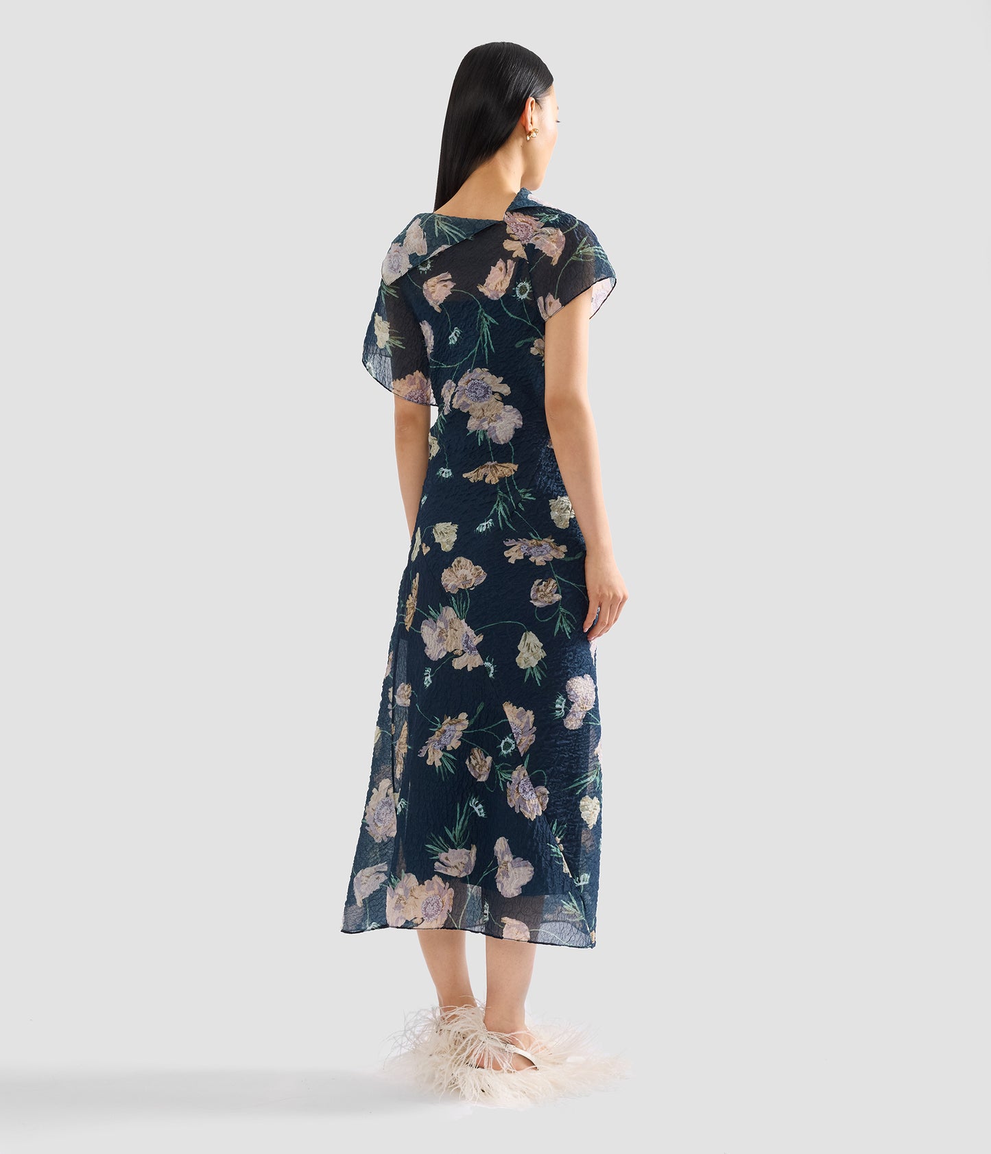 Floral Organza Cloque Asymmetric Midi Dress