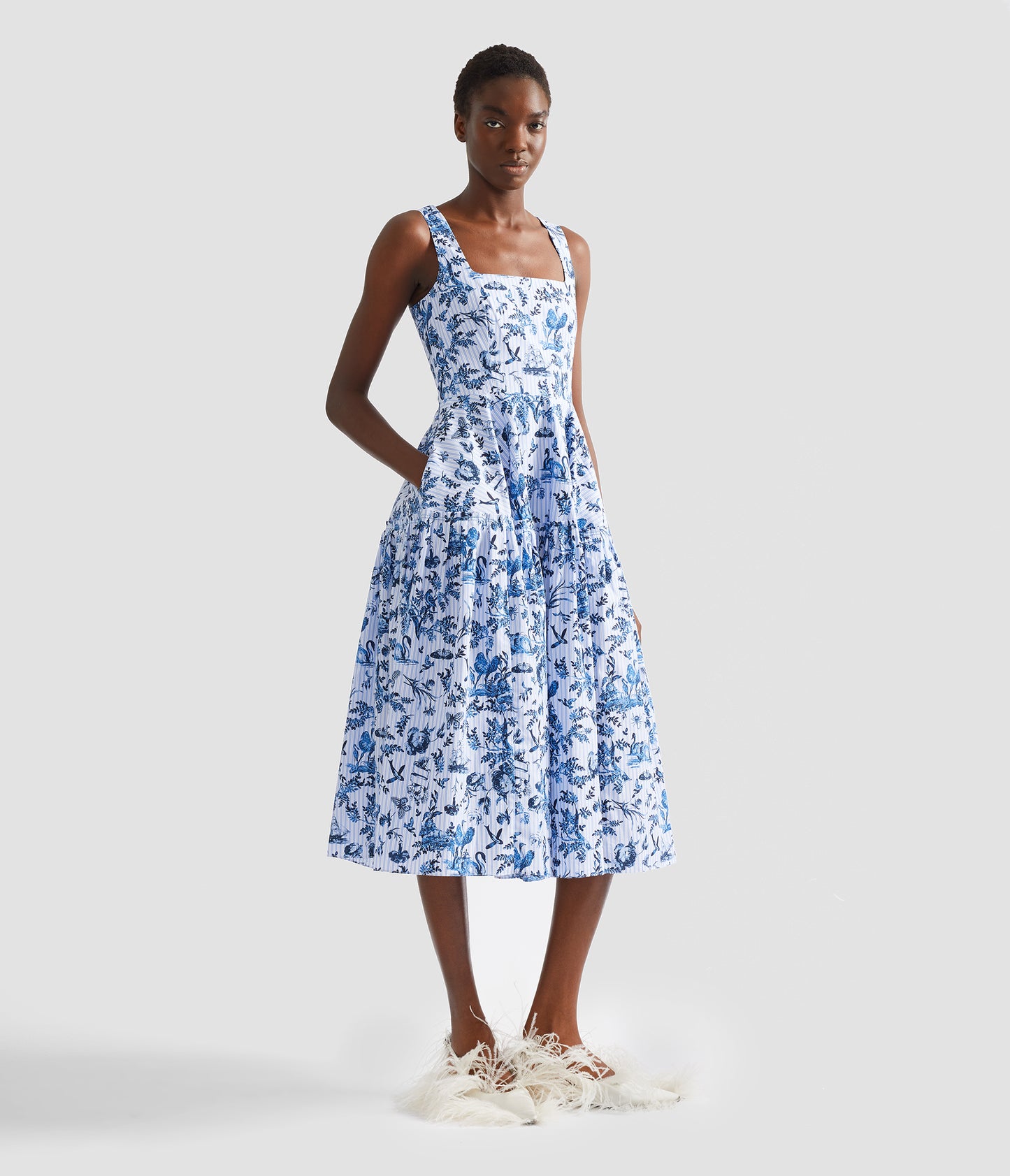 Printed Poplin Sleeveless Midi Dress