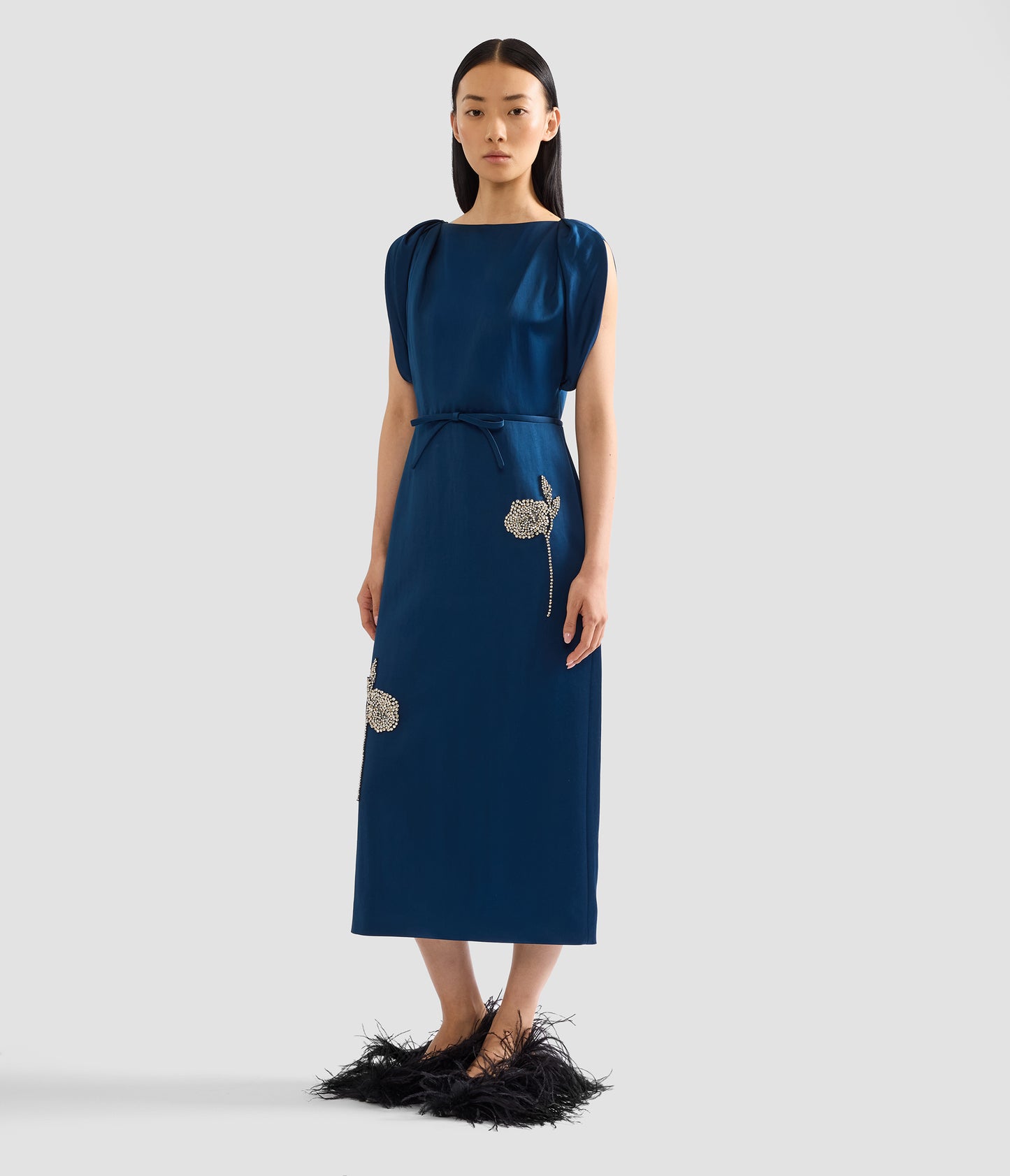 Embroidered Satin Short Sleeve Midi Dress