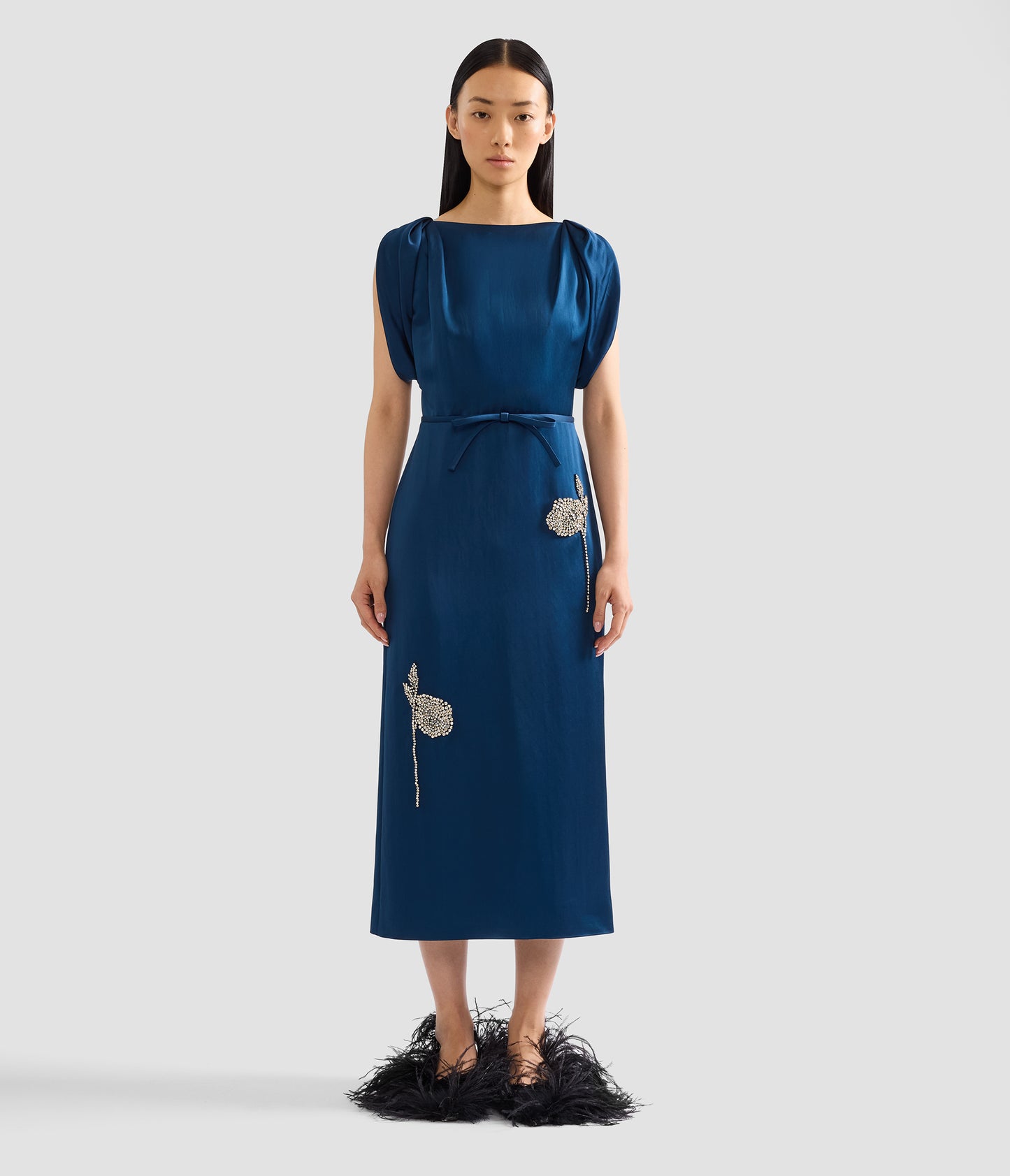 Embroidered Satin Short Sleeve Midi Dress